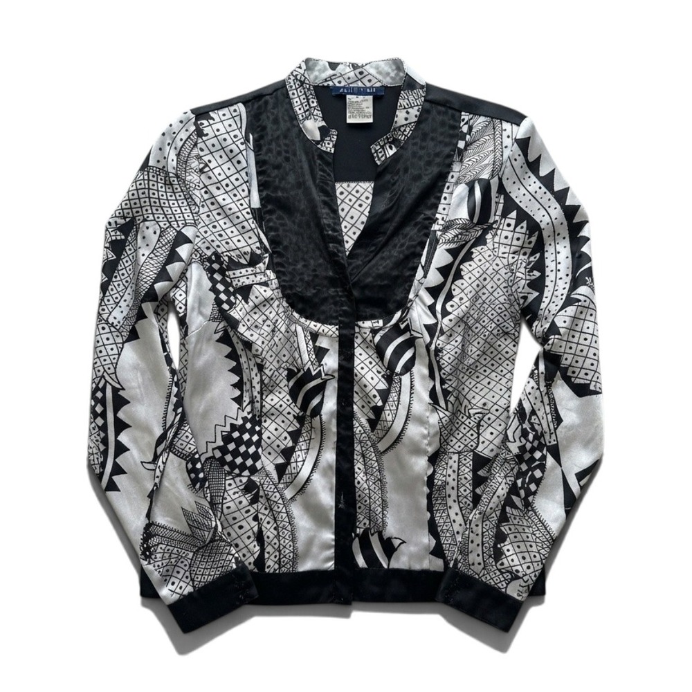Blue Time Womens Black White Graphic Print Satin Button Up Blouse Small B3121
